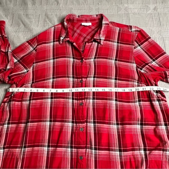 J Jill Womens 2X Red Plaid Button Up Tunic Top Long Sleeve Shirt Pockets - Picture 7 of 9